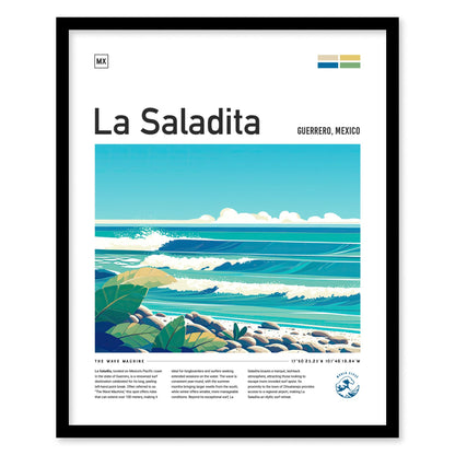 La Saladita Mexico Surf Spot Framed Poster | Guerrero Longboard Surfing Wave Wall Art | Mexi Log Fest Travel Print | Minimalist Style Design Surfer Gift