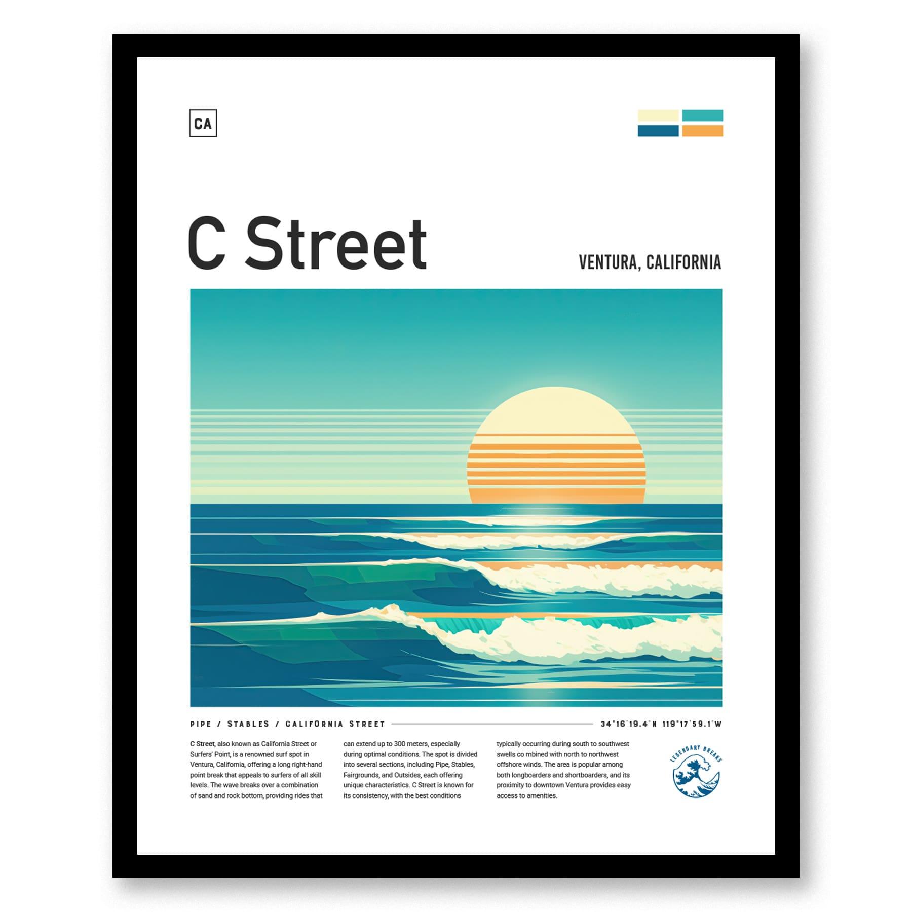 C Street Ventura California Surf Spot Framed Poster | CA Beach Surfing Wave Wall Art | Minimal Design Surfer Travel Print - Swell Scenes