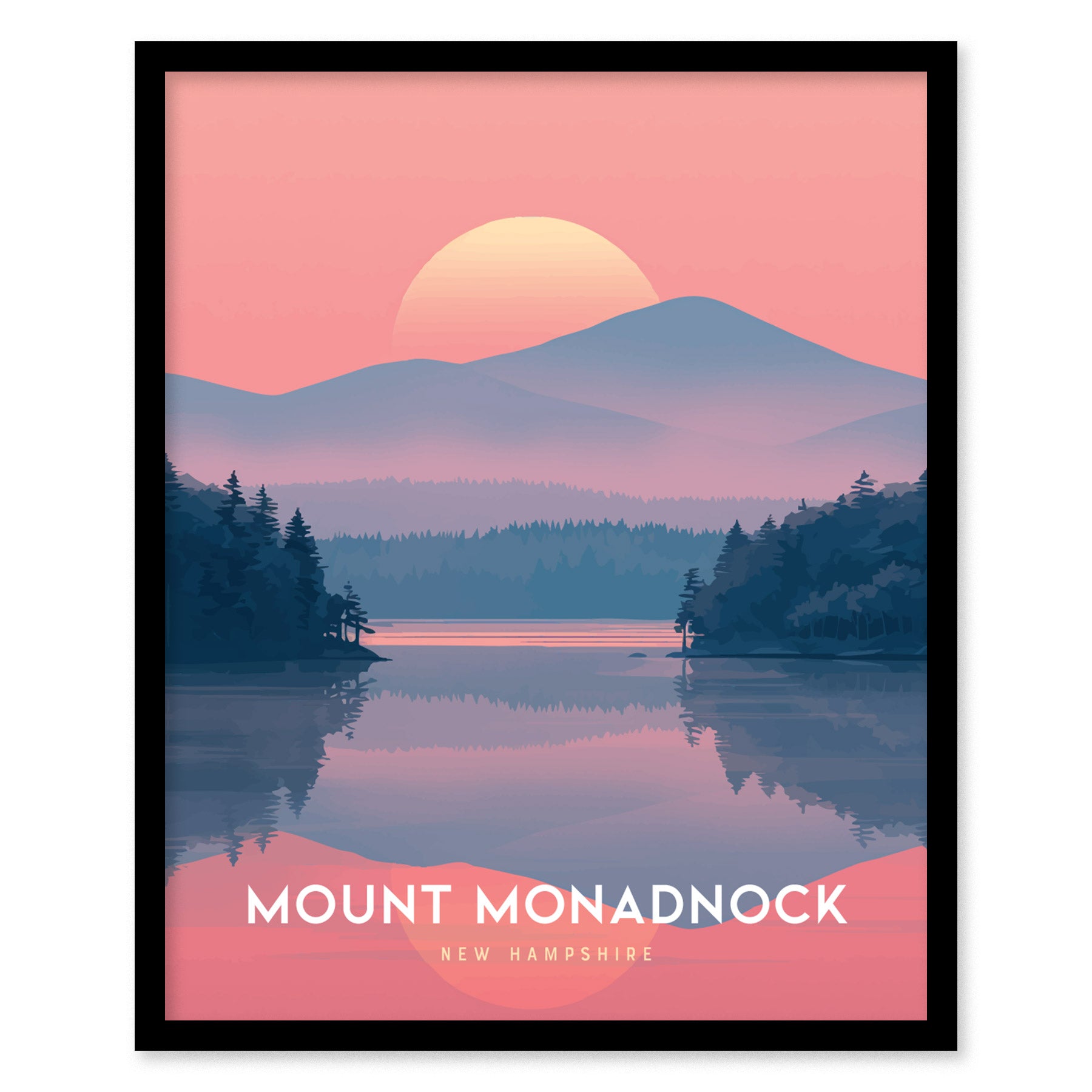 A poster of Mount Monadnock features a sunset over blue mountains and a reflective lake, framed by silhouetted pine trees. The text reads Mount Monadnock, New Hampshire.