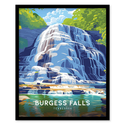 A vibrant illustration of Burgess Falls cascades against lush greenery and a blue sky, with the text Burgess Falls, Tennessee at the bottom.