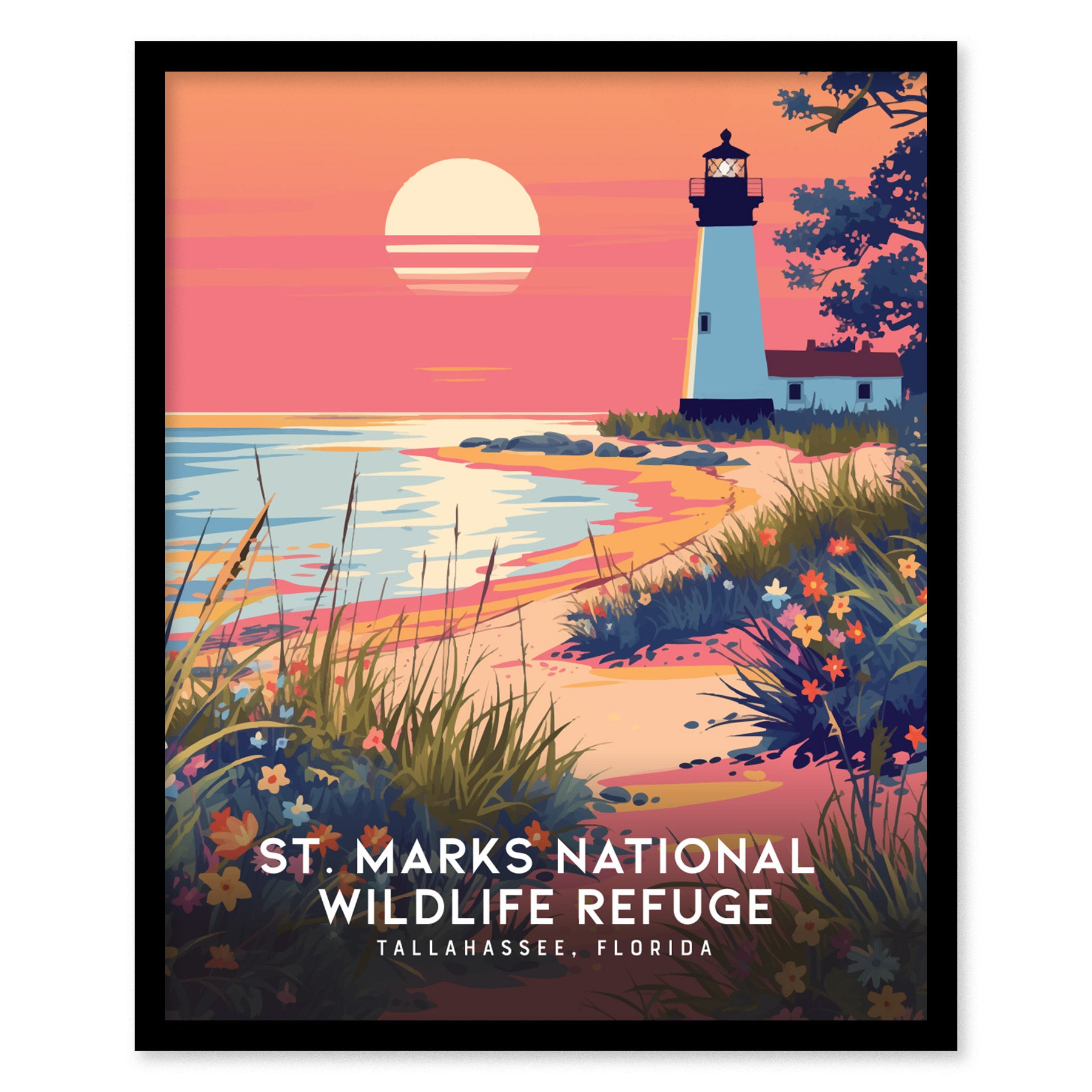 A vintage-style poster of St. Marks National Wildlife Refuge shows a lighthouse at sunset with vibrant wildflowers and coastal marshes, creating a serene Florida landscape.