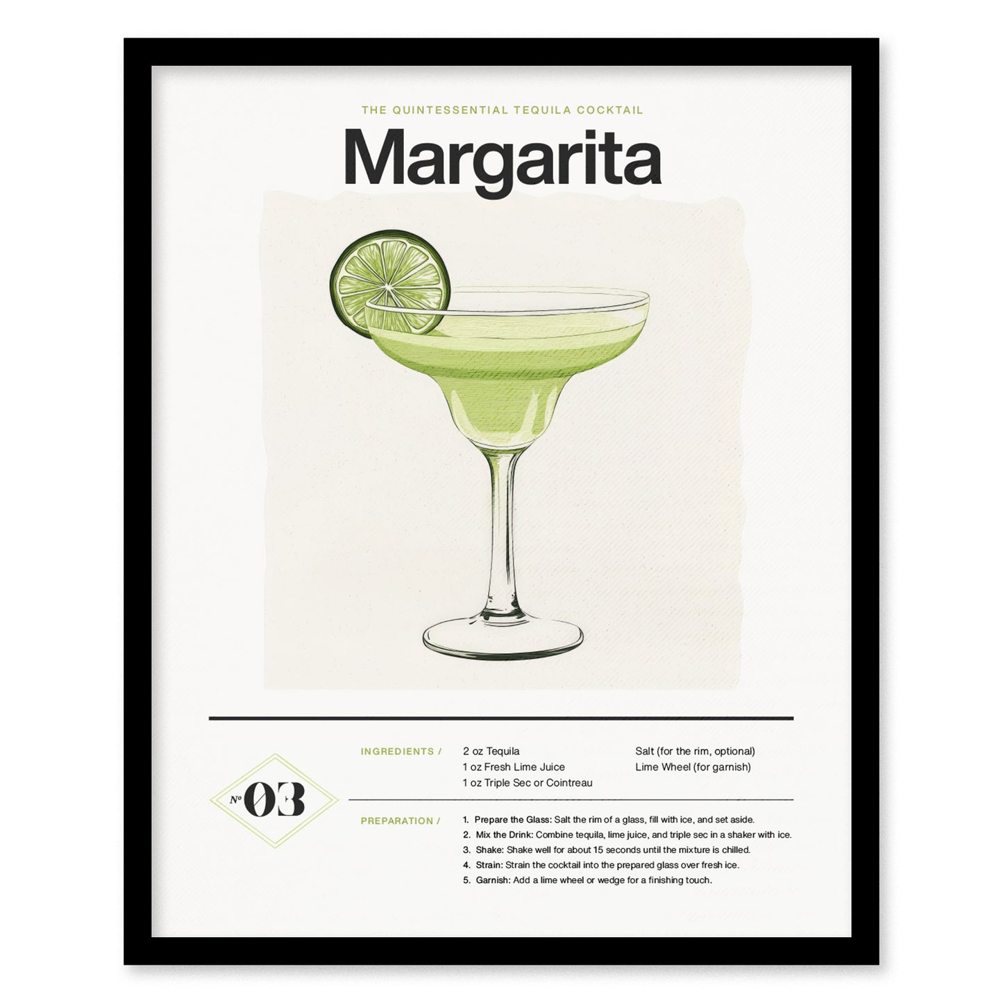 Framed poster featuring a Margarita cocktail illustration with a lime garnish. Includes detailed recipe text below the image, showcasing ingredients and preparation steps.