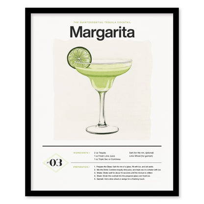 Framed poster featuring a Margarita cocktail illustration with a lime garnish. Includes detailed recipe text below the image, showcasing ingredients and preparation steps.