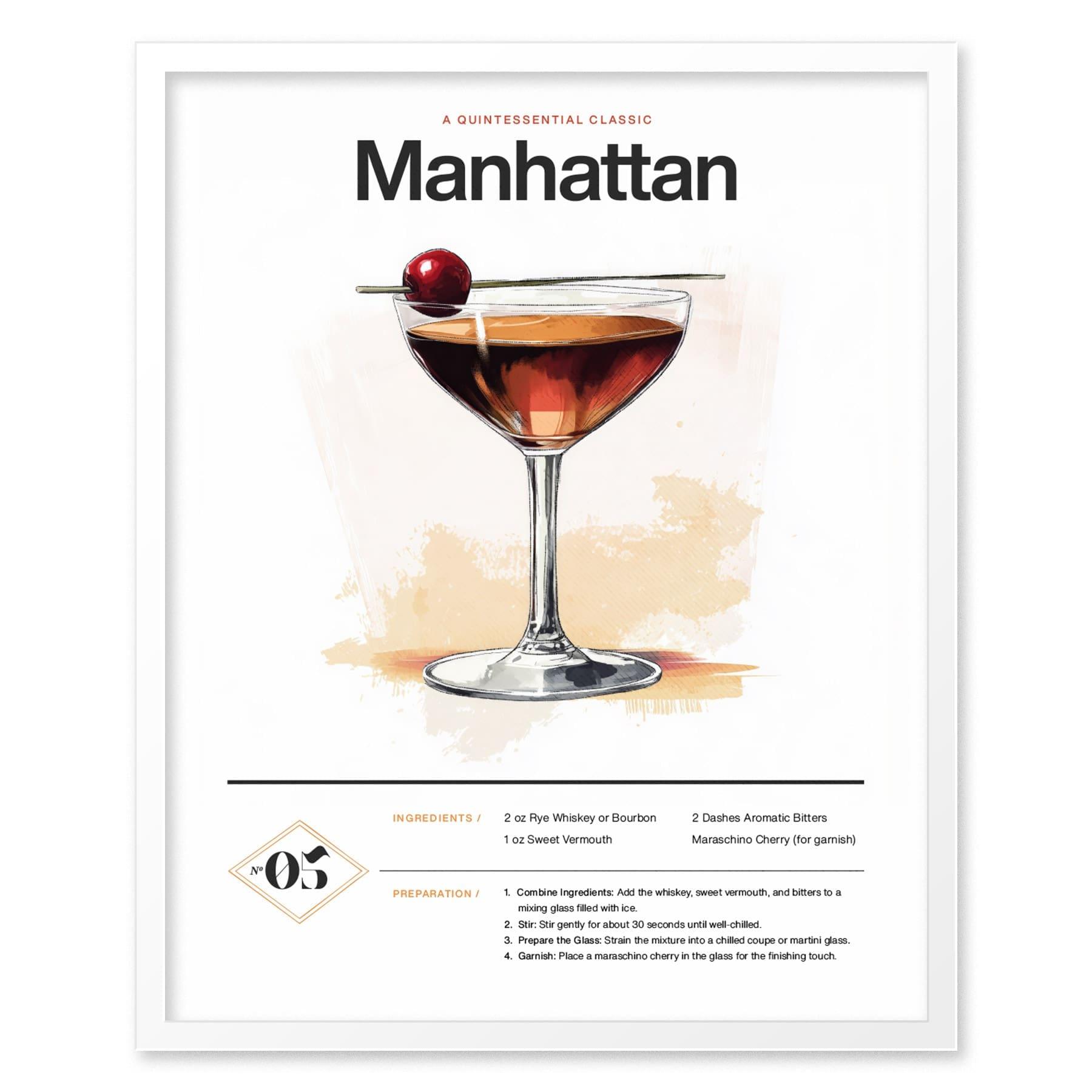 Manhattan Cocktail Framed Poster | Classic Whiskey and Vermouth Recipe Art | Minimalist Bar Decor | Manhattan Lover Gift | Home Bar Design - Swell Scenes