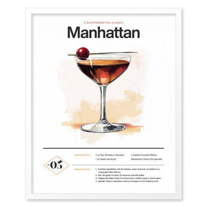 Manhattan Cocktail Framed Poster | Classic Whiskey and Vermouth Recipe Art | Minimalist Bar Decor | Manhattan Lover Gift | Home Bar Design