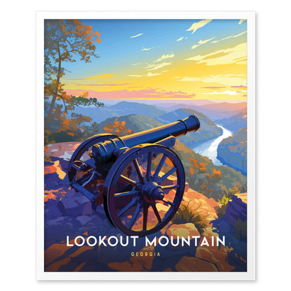 A vibrant illustration of a cannon on Lookout Mountain, Georgia, overlooking a colorful sunset with a winding river and distant hills. Text reads: LOOKOUT MOUNTAIN GEORGIA.