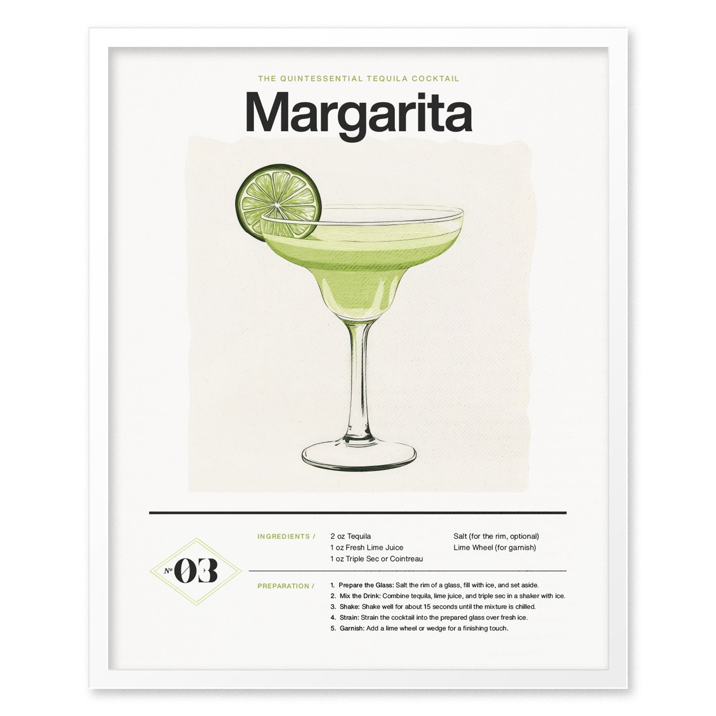 Illustrated Margarita cocktail poster featuring a lime-garnished glass, with ingredients and preparation instructions below. The design is clean and modern.