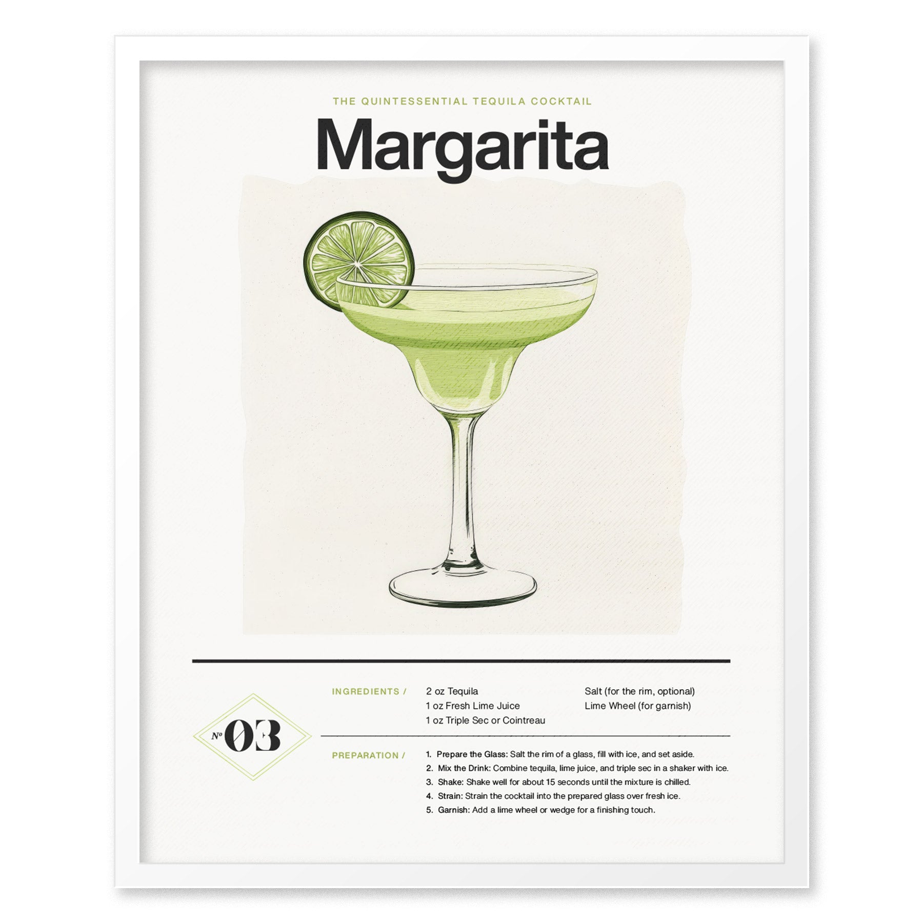 Illustrated Margarita cocktail poster featuring a lime-garnished glass, with ingredients and preparation instructions below. The design is clean and modern.