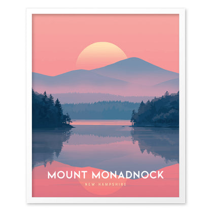 A stylized poster of Mount Monadnock features a serene lake reflecting a sunset, surrounded by pine trees and mountains, with Mount Monadnock, New Hampshire text at the bottom.