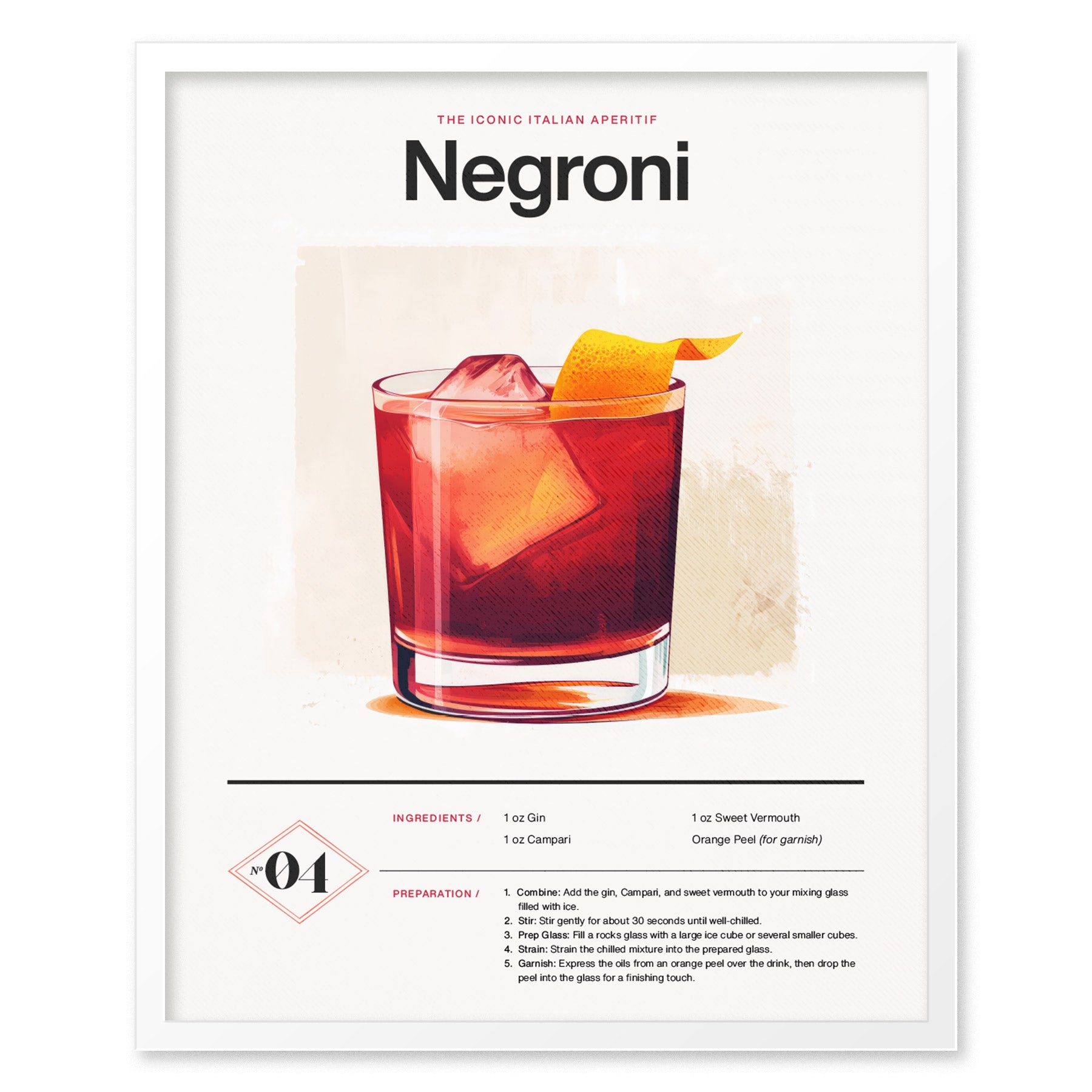 A Negroni cocktail poster featuring a vibrant illustration of the drink with ice and orange peel garnish. Below, ingredients and preparation steps are listed in a clean, modern design.