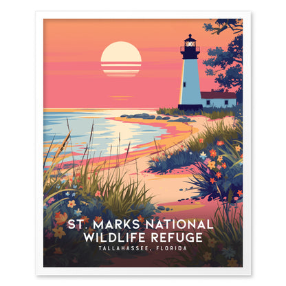A vintage-style poster of St. Marks National Wildlife Refuge shows a lighthouse at sunset, surrounded by colorful wildflowers and coastal marshes. Text reads Tallahassee, Florida.