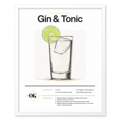 Illustration of a gin and tonic cocktail in a highball glass with ice and a lime wedge. The poster includes the drinks recipe and preparation steps in a minimalist design.