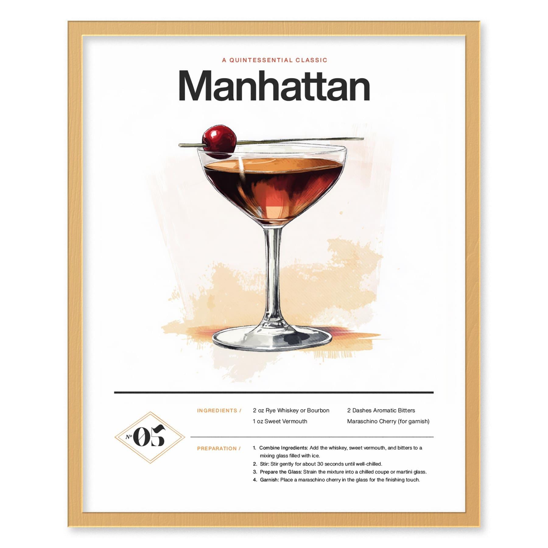 Manhattan Cocktail Framed Poster | Classic Whiskey and Vermouth Recipe Art | Minimalist Bar Decor | Manhattan Lover Gift | Home Bar Design - Swell Scenes