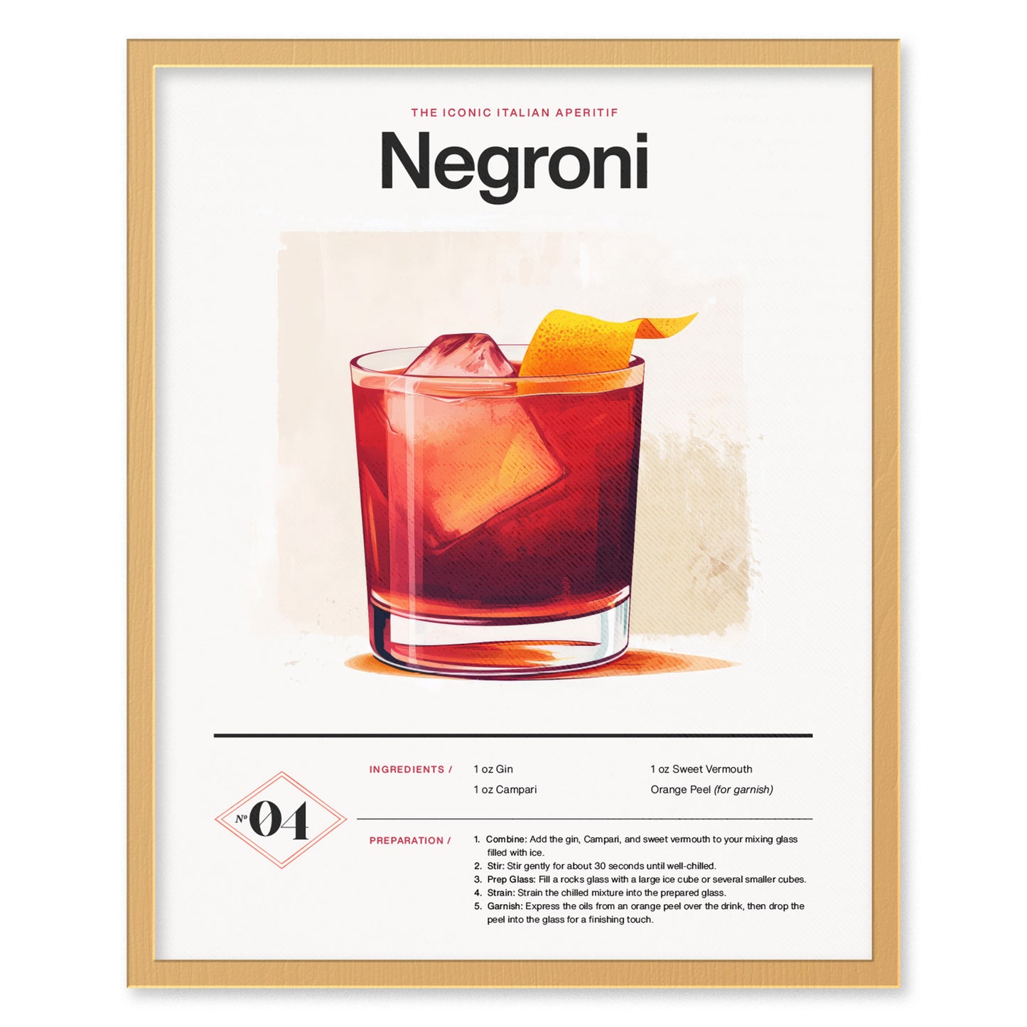Framed poster featuring a Negroni cocktail illustration with an orange peel garnish and ice cubes. Includes ingredients and preparation steps below the image on a white background.
