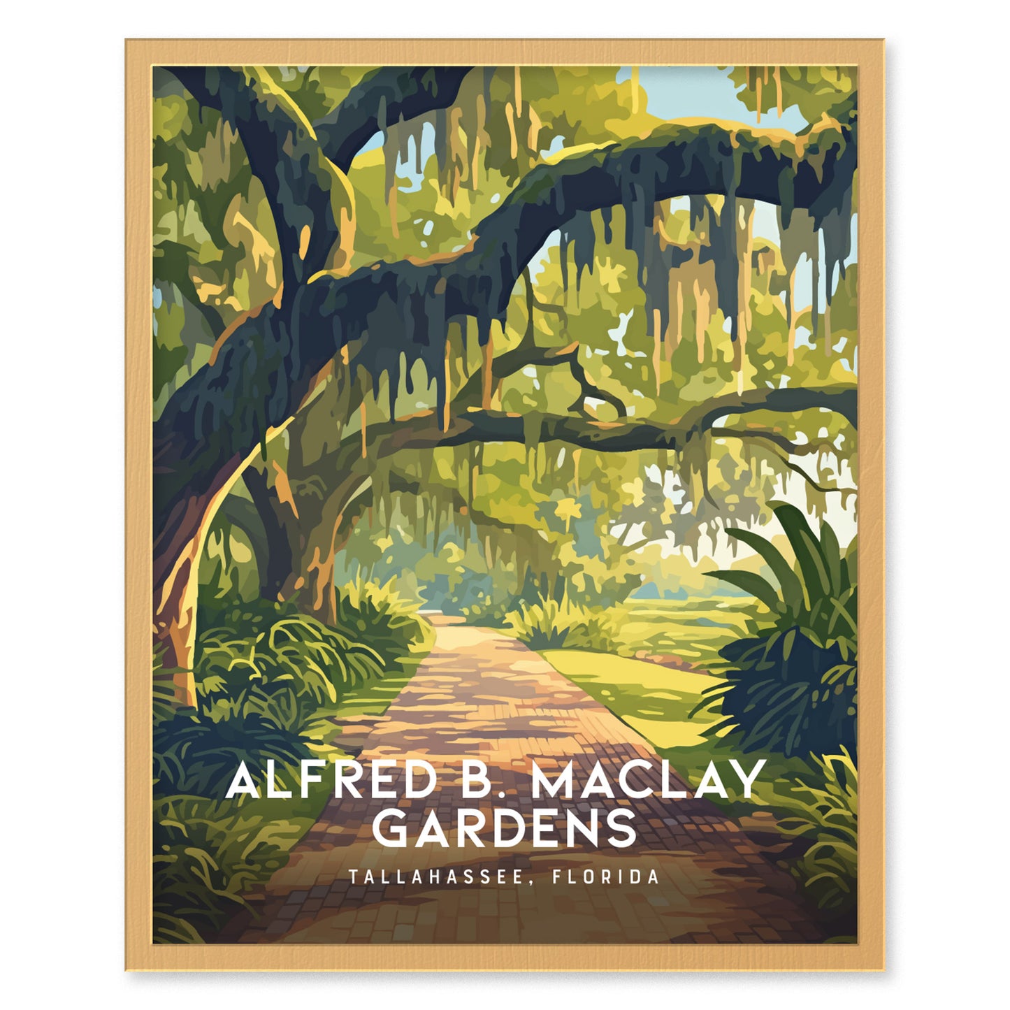 Illustrated poster of Alfred B. Maclay Gardens in Tallahassee, Florida, featuring moss-draped live oak trees and a winding brick path. Lush greenery enhances the serene Southern charm.