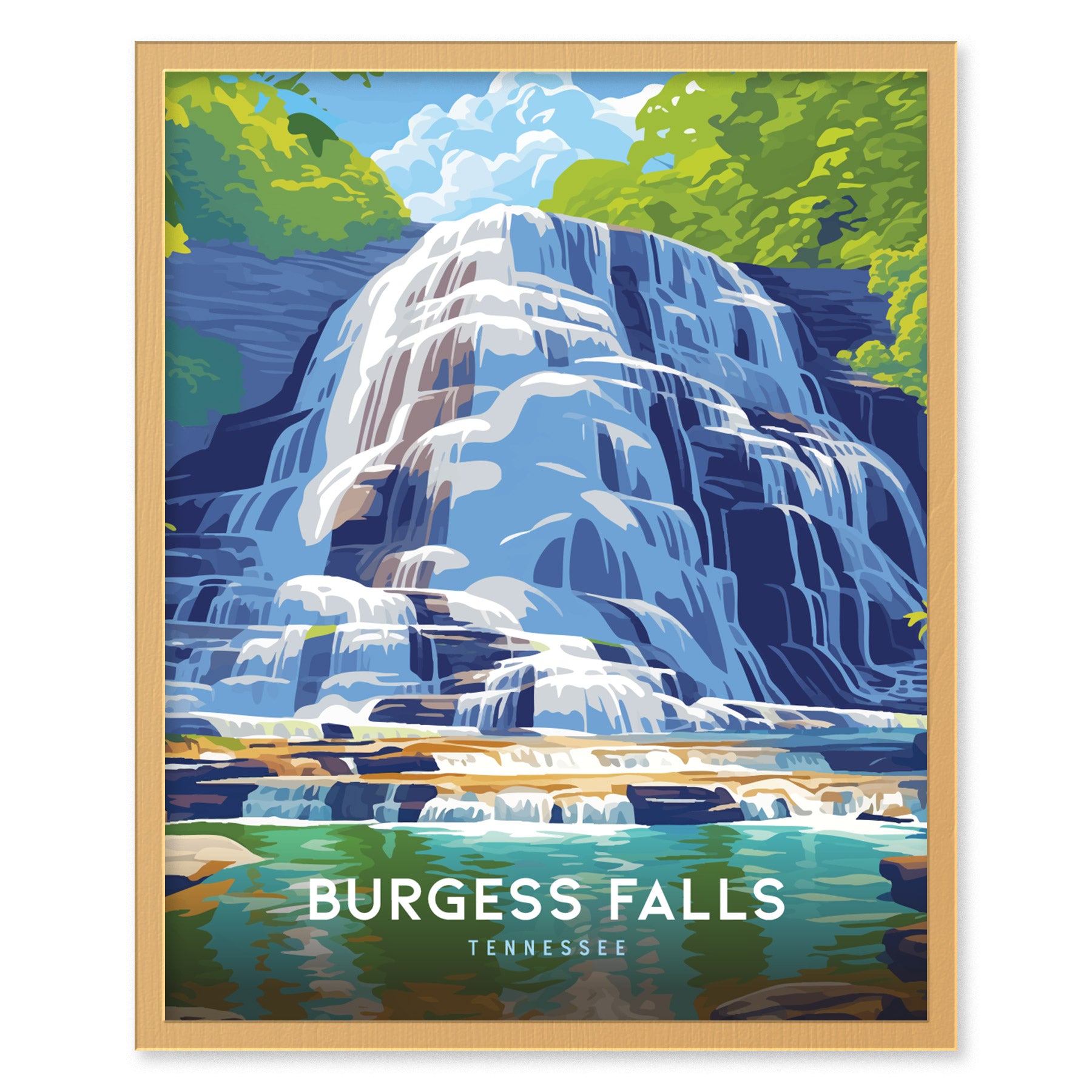 Colorful illustration of Burgess Falls, highlighting cascading water against a backdrop of lush greenery and a bright blue sky. The text Burgess Falls, Tennessee is displayed at the bottom.