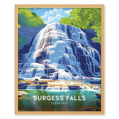 Colorful illustration of Burgess Falls, highlighting cascading water against a backdrop of lush greenery and a bright blue sky. The text Burgess Falls, Tennessee is displayed at the bottom.