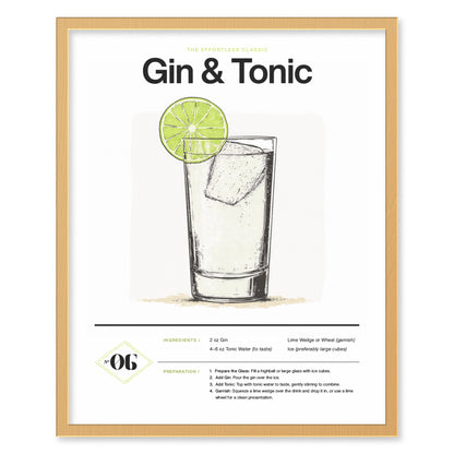 A framed poster displaying a gin and tonic cocktail illustration with a lime garnish, accompanied by a recipe and preparation instructions in elegant typography.