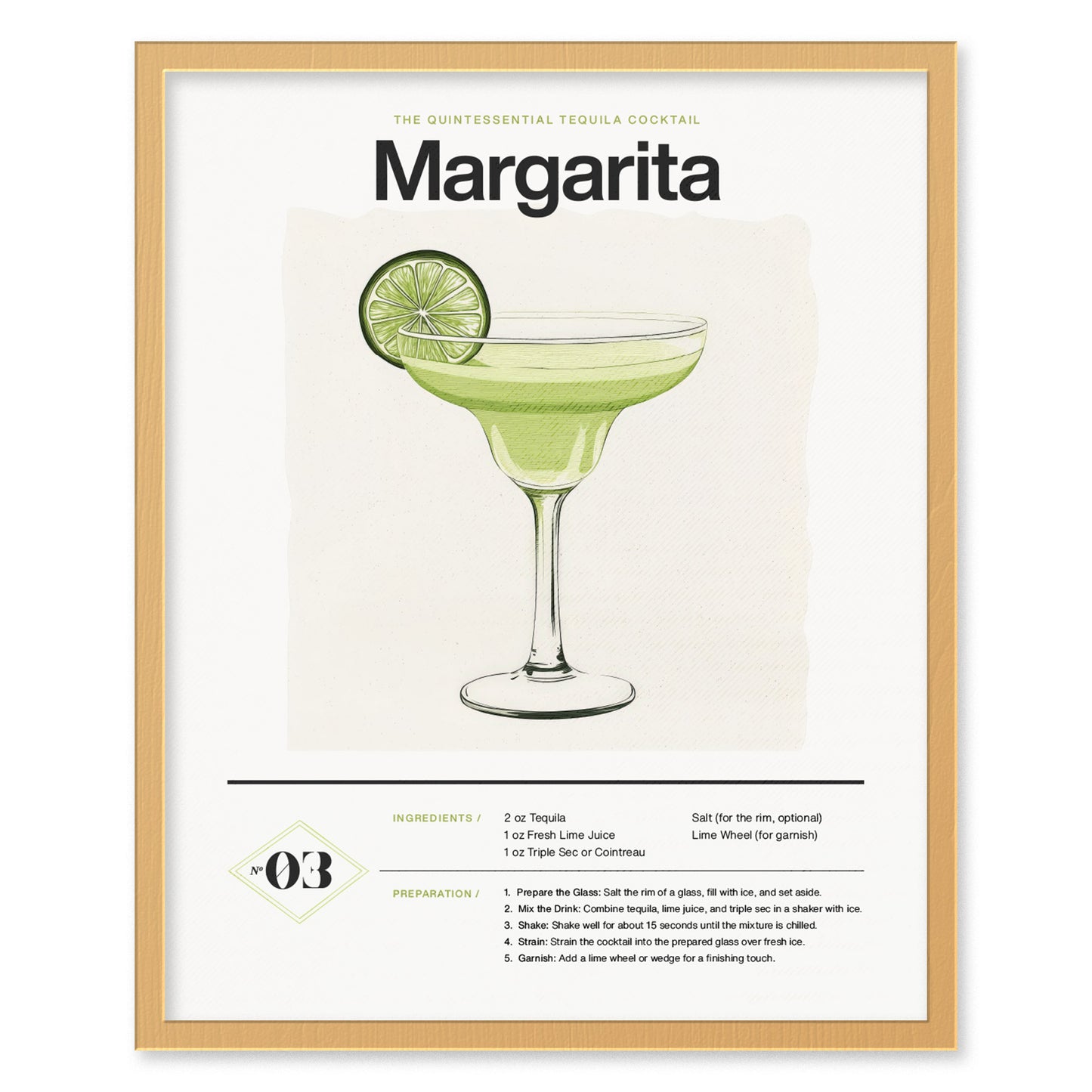 A framed poster features a classic margarita illustration with a lime garnish. The text includes ingredients and preparation instructions for making the quintessential tequila cocktail.