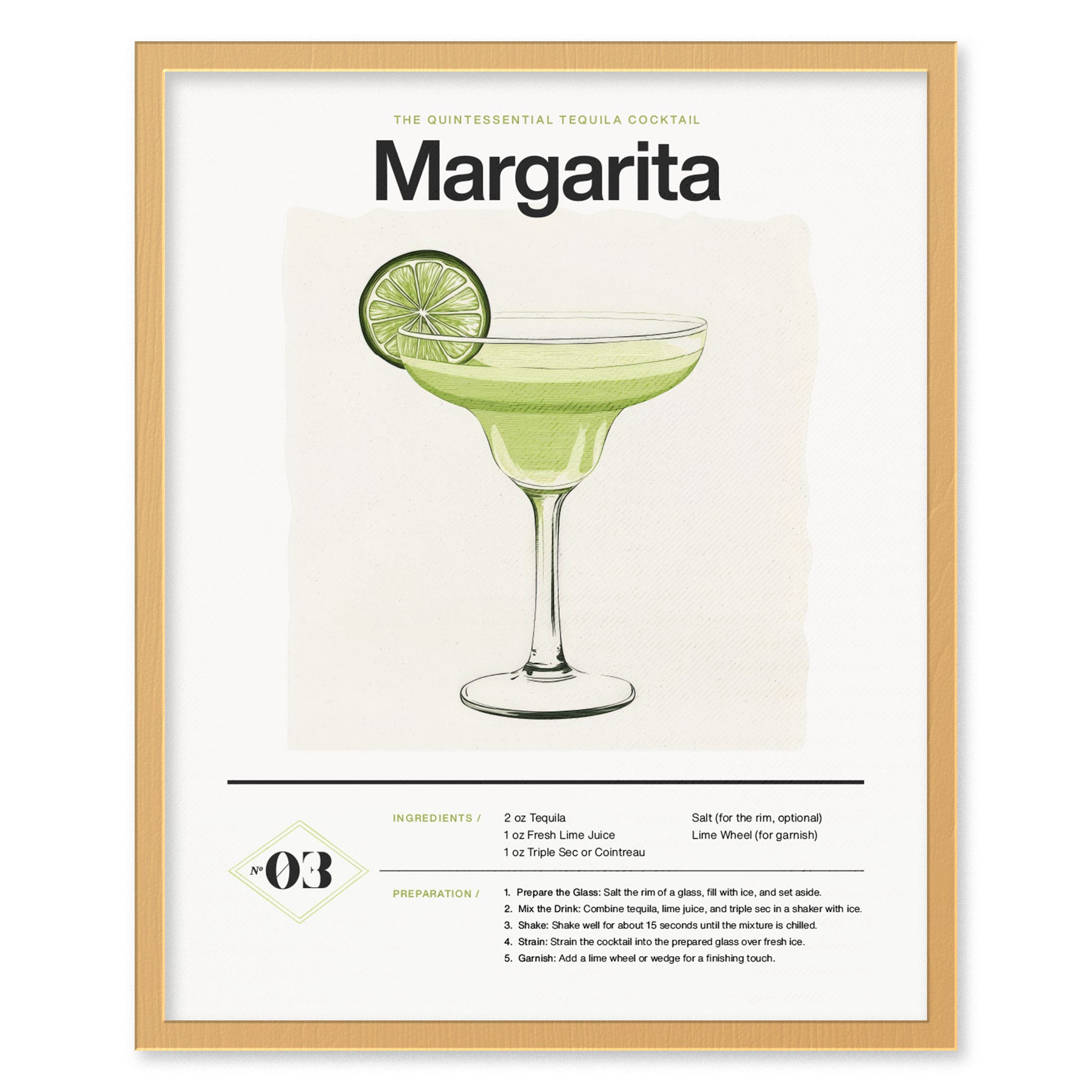 A framed poster features a classic margarita illustration with a lime garnish. The text includes ingredients and preparation instructions for making the quintessential tequila cocktail.