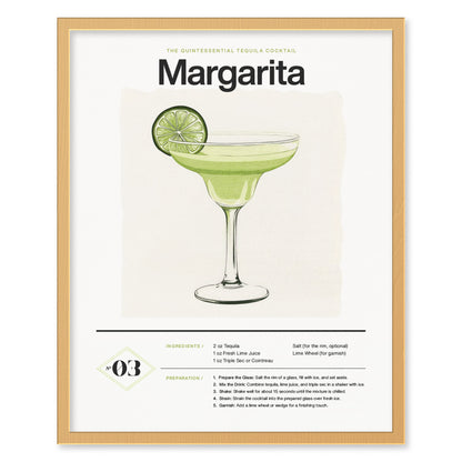 A framed poster features a classic margarita illustration with a lime garnish. The text includes ingredients and preparation instructions for making the quintessential tequila cocktail.