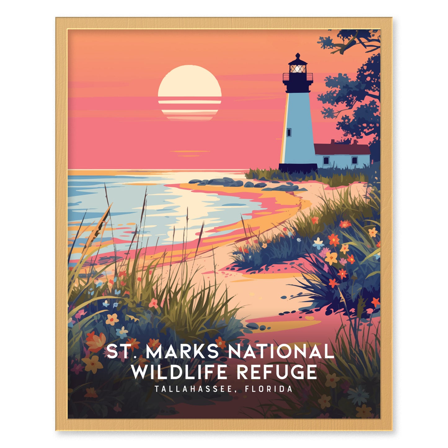 A vintage-style poster depicts St. Marks National Wildlife Refuge with a lighthouse at sunset, surrounded by colorful wildflowers and coastal grasses. The scene exudes natural beauty and tranquility.