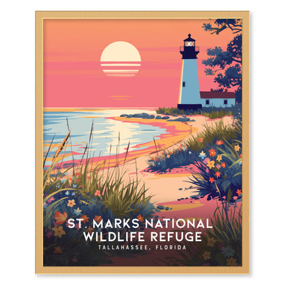 A vintage-style poster depicts St. Marks National Wildlife Refuge with a lighthouse at sunset, surrounded by colorful wildflowers and coastal grasses. The scene exudes natural beauty and tranquility.
