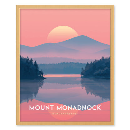 A framed poster features a stylized illustration of Mount Monadnock with a pink sunset, blue mountains, and a reflective lake, surrounded by pine trees. Text reads Mount Monadnock, New Hampshire.