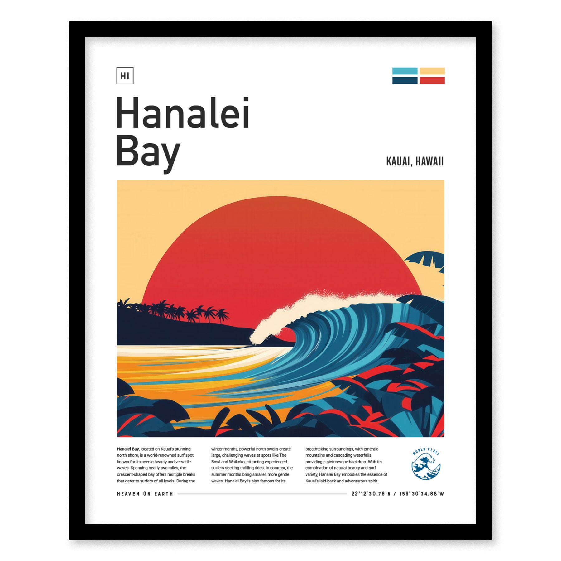 Framed poster featuring a stylized illustration of a curling wave under a large red sun, with palm trees and vibrant tropical foliage in the foreground.