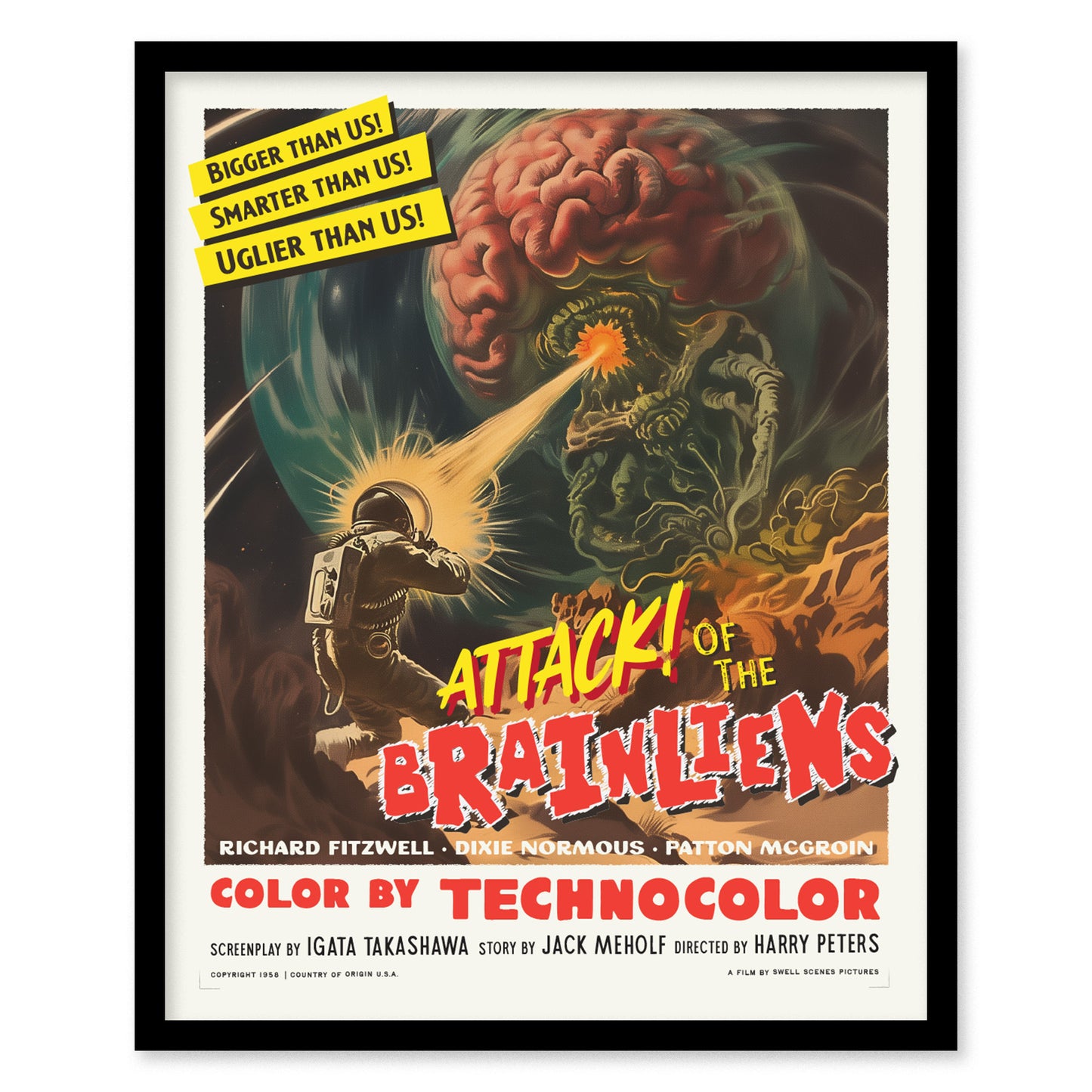 Home setting displaying framed and unframed wall art posters featuring campy aliens and vibrant sci-fi chaos.