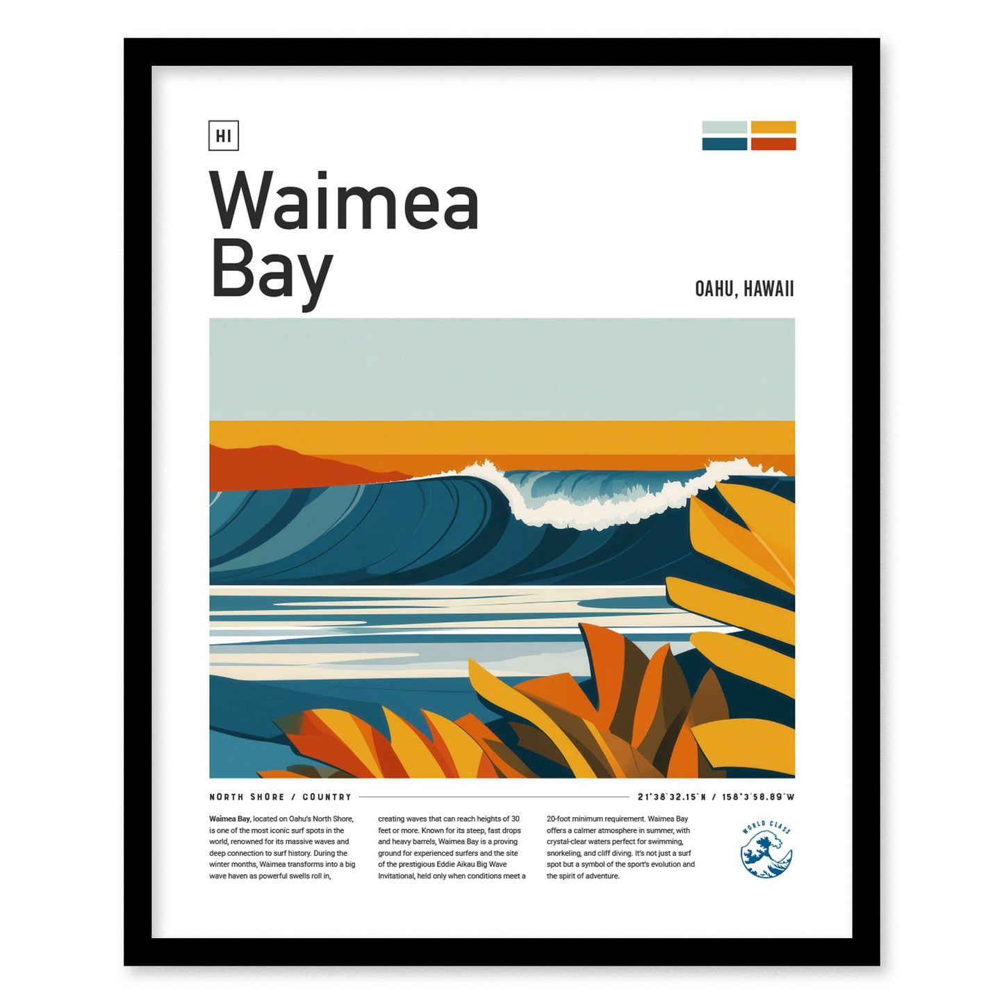 Framed Waimea Bay poster featuring stylized waves and tropical foliage, with text about Oahu, Hawaii. The artwork showcases the vibrant colors of the North Shore surf scene.