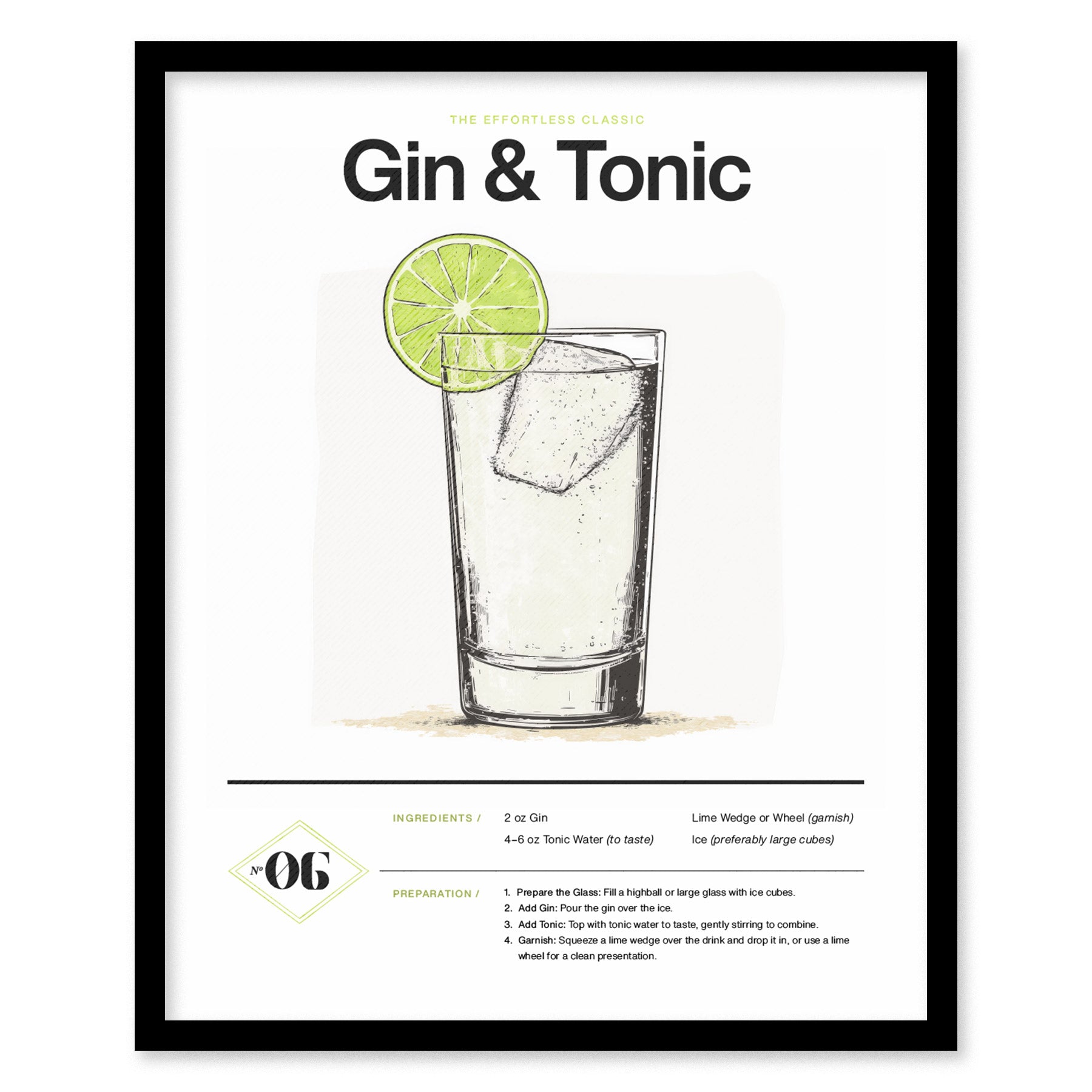 Framed poster of a gin and tonic cocktail illustration with a lime wedge garnish. Includes recipe details and elegant typography on a clean, minimalist design background.