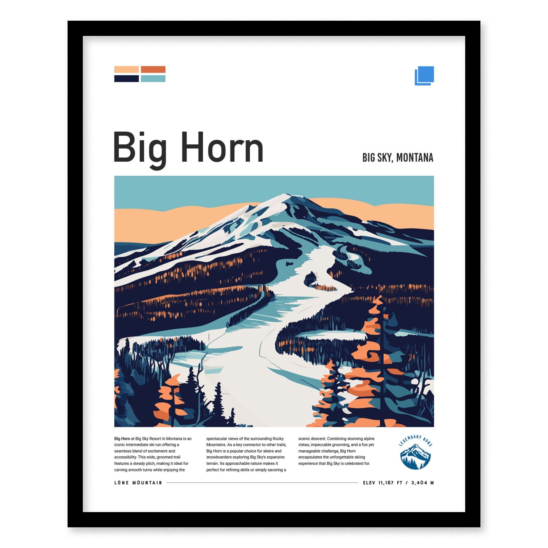 Framed poster of Big Horn ski run in Big Sky, Montana, featuring a stylized mountain landscape with trees and a winding snow-covered path under a pastel sky.