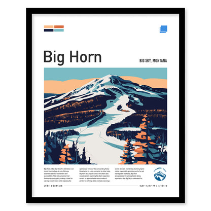 Framed poster of Big Horn ski run in Big Sky, Montana, featuring a stylized mountain landscape with trees and a winding snow-covered path under a pastel sky.