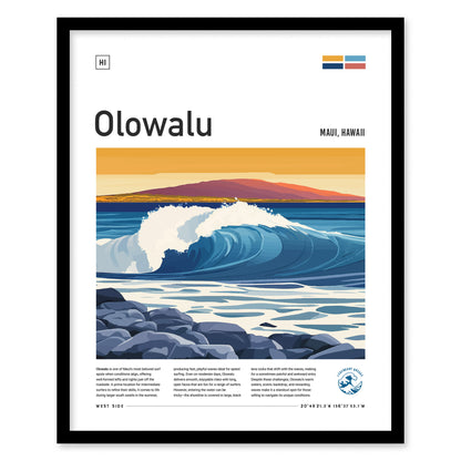 Framed poster featuring a stylized illustration of a wave breaking on a rocky shoreline at sunset, with the text Olowalu, Maui, Hawaii above. The scene captures vibrant coastal colors.