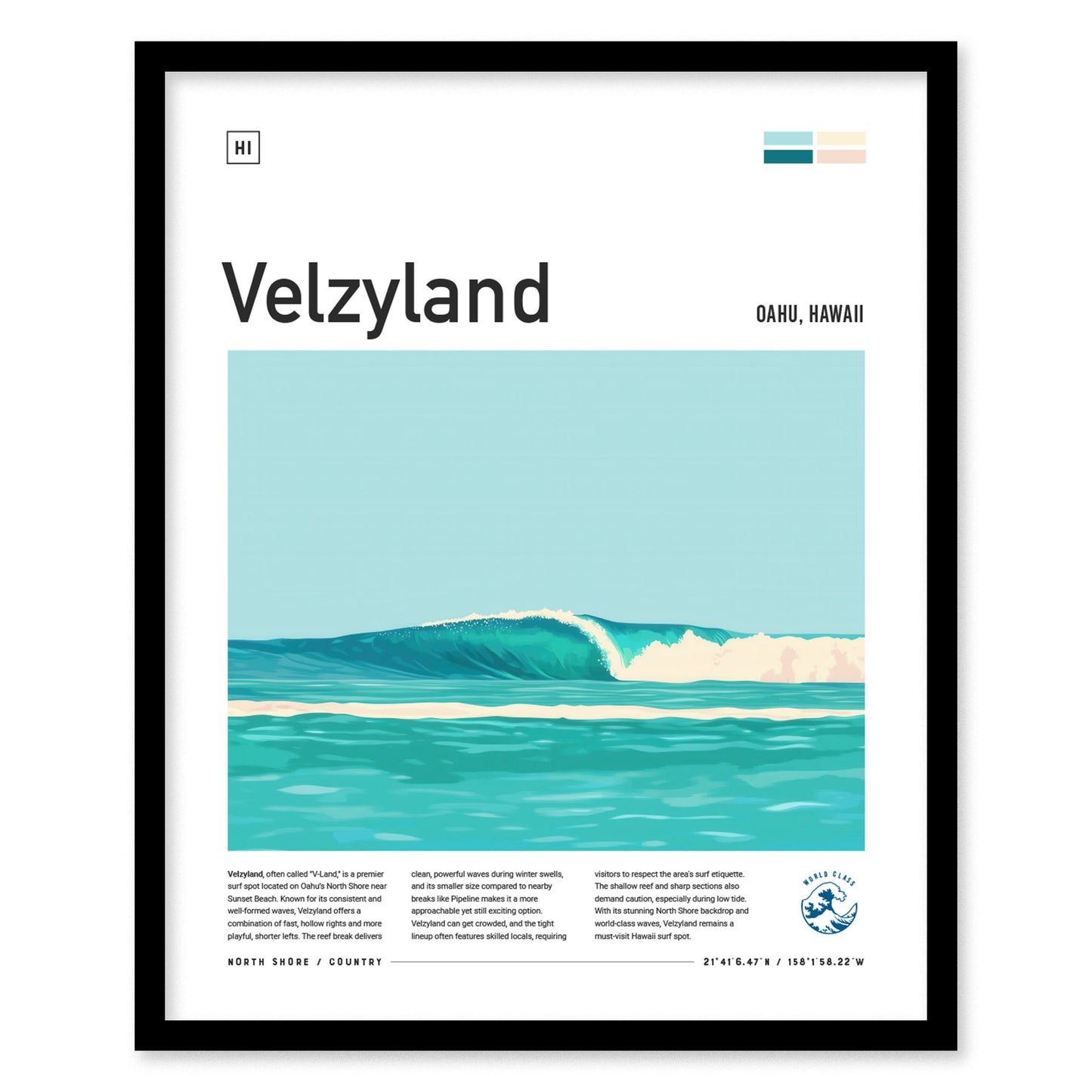 Framed poster titled Velzyland showcasing a stylized illustration of turquoise ocean waves. Text below describes the North Shore surf spot in Oahu, Hawaii.