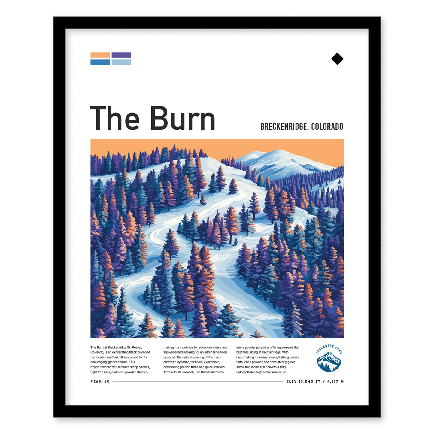 Framed artwork titled The Burn depicts a snowy ski run surrounded by colorful, towering pine trees against a warm, orange sky. Text details the Breckenridge ski area.