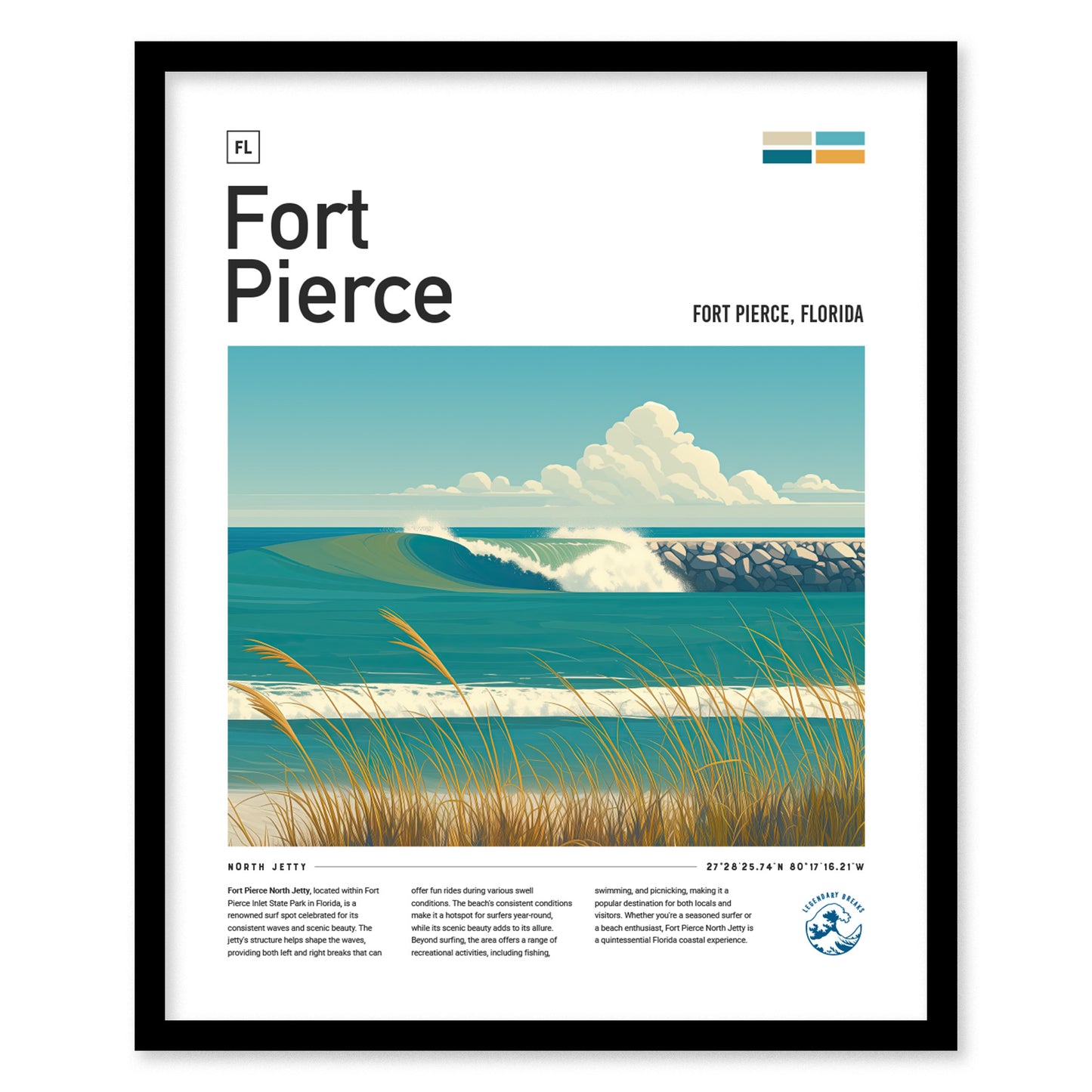 Illustrated poster of Fort Pierce, Florida, featuring a wave breaking against a jetty under a blue sky. Foreground shows coastal grasses, capturing the serene beach atmosphere.