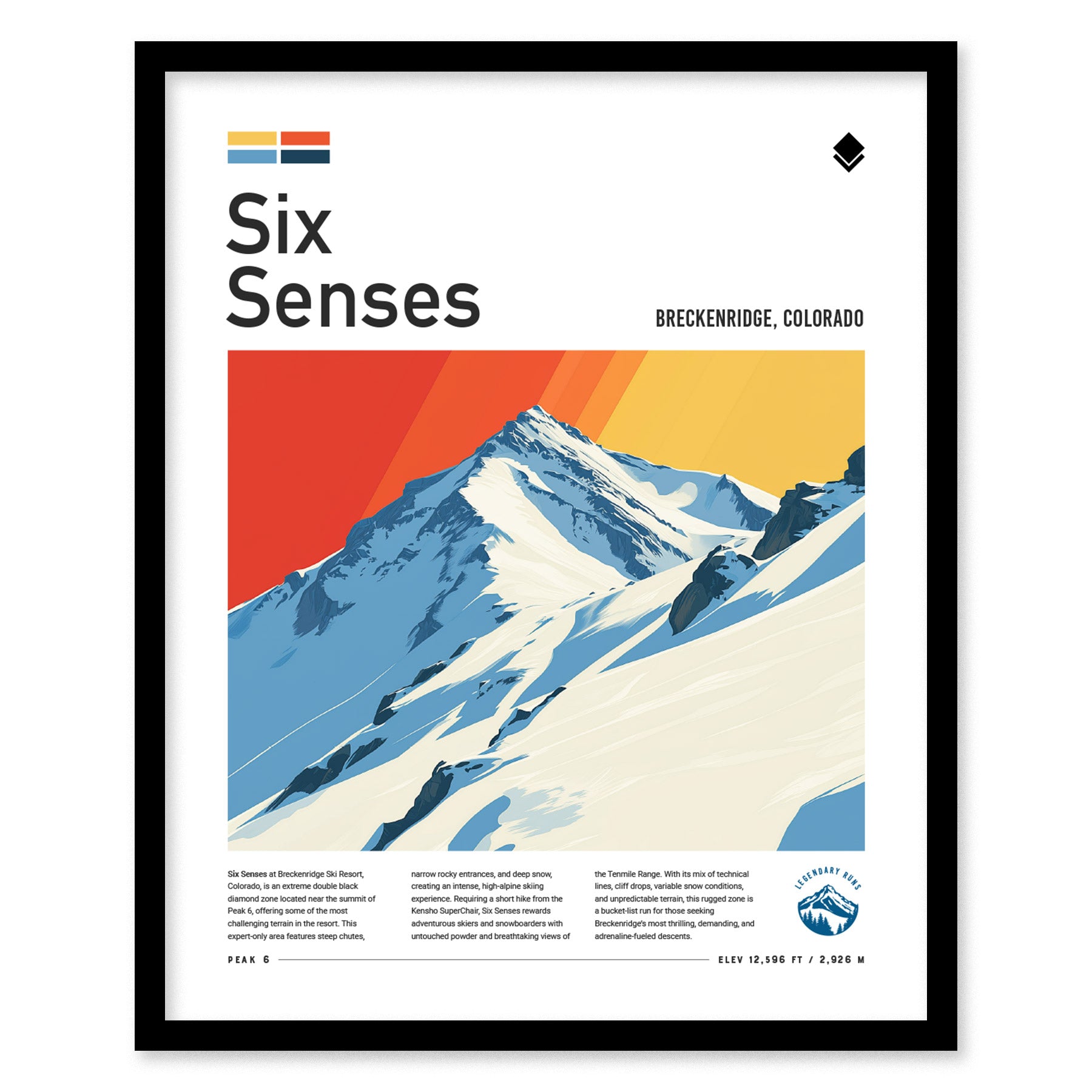 Framed poster featuring a stylized illustration of snow-covered mountain peaks with steep slopes against a vibrant orange and yellow sky, labeled Six Senses and Breckenridge, Colorado.
