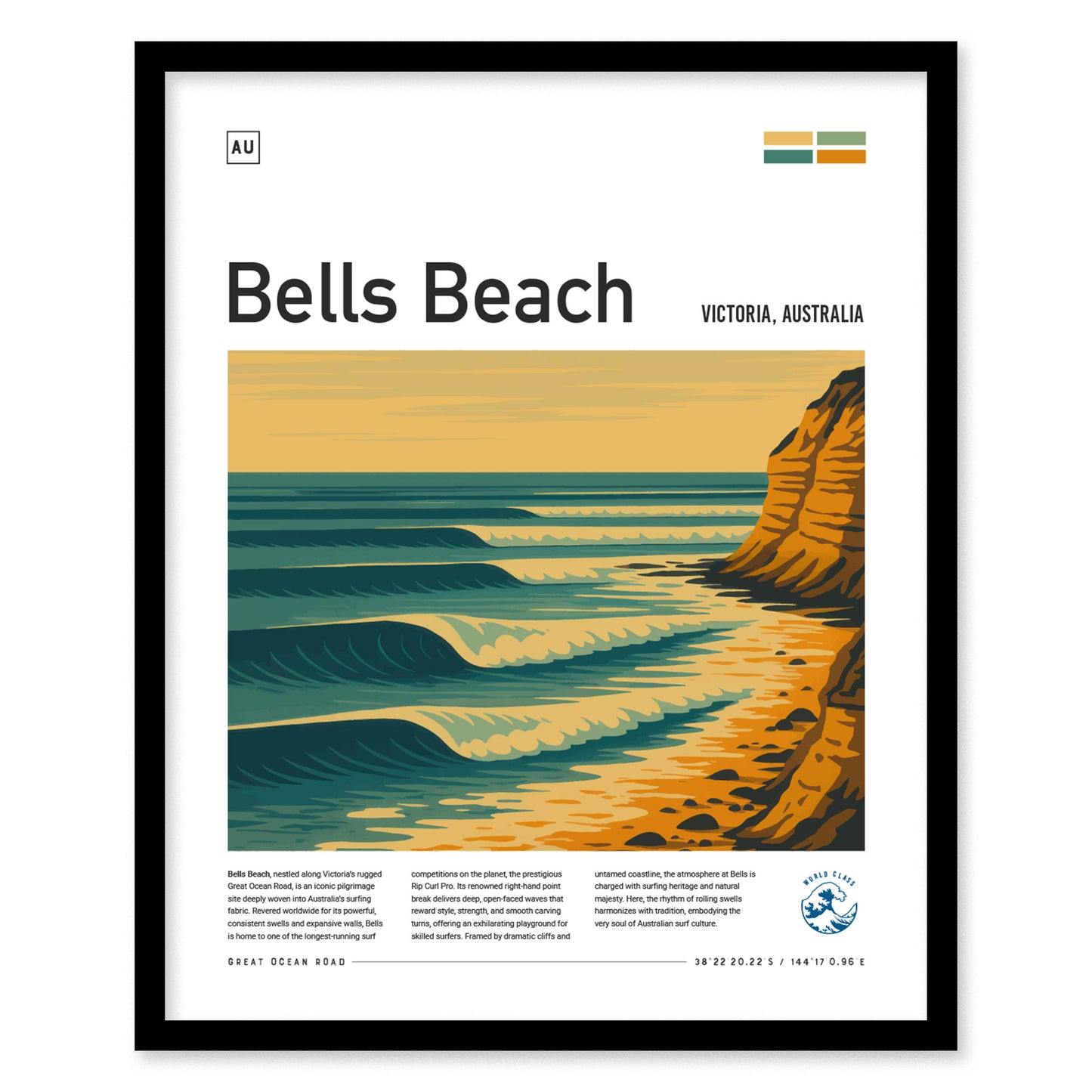 Illustrated poster of Bells Beach, Victoria, Australia, showcasing rolling waves and sandstone cliffs at sunset. The artwork features text and coordinates.