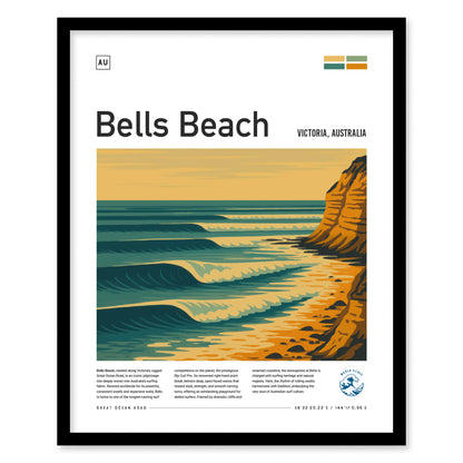 Illustrated poster of Bells Beach, Victoria, Australia, showcasing rolling waves and sandstone cliffs at sunset. The artwork features text and coordinates.
