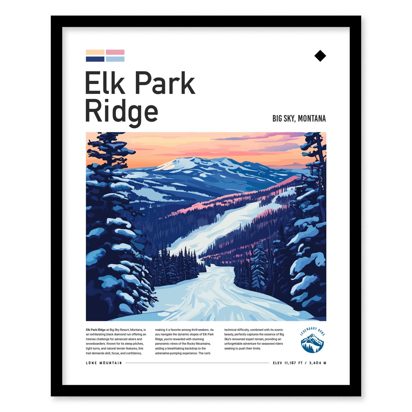 Framed poster of Elk Park Ridge at Big Sky, Montana, featuring a snow-covered ski trail winding through pine trees with a mountain range and colorful sunset in the background.