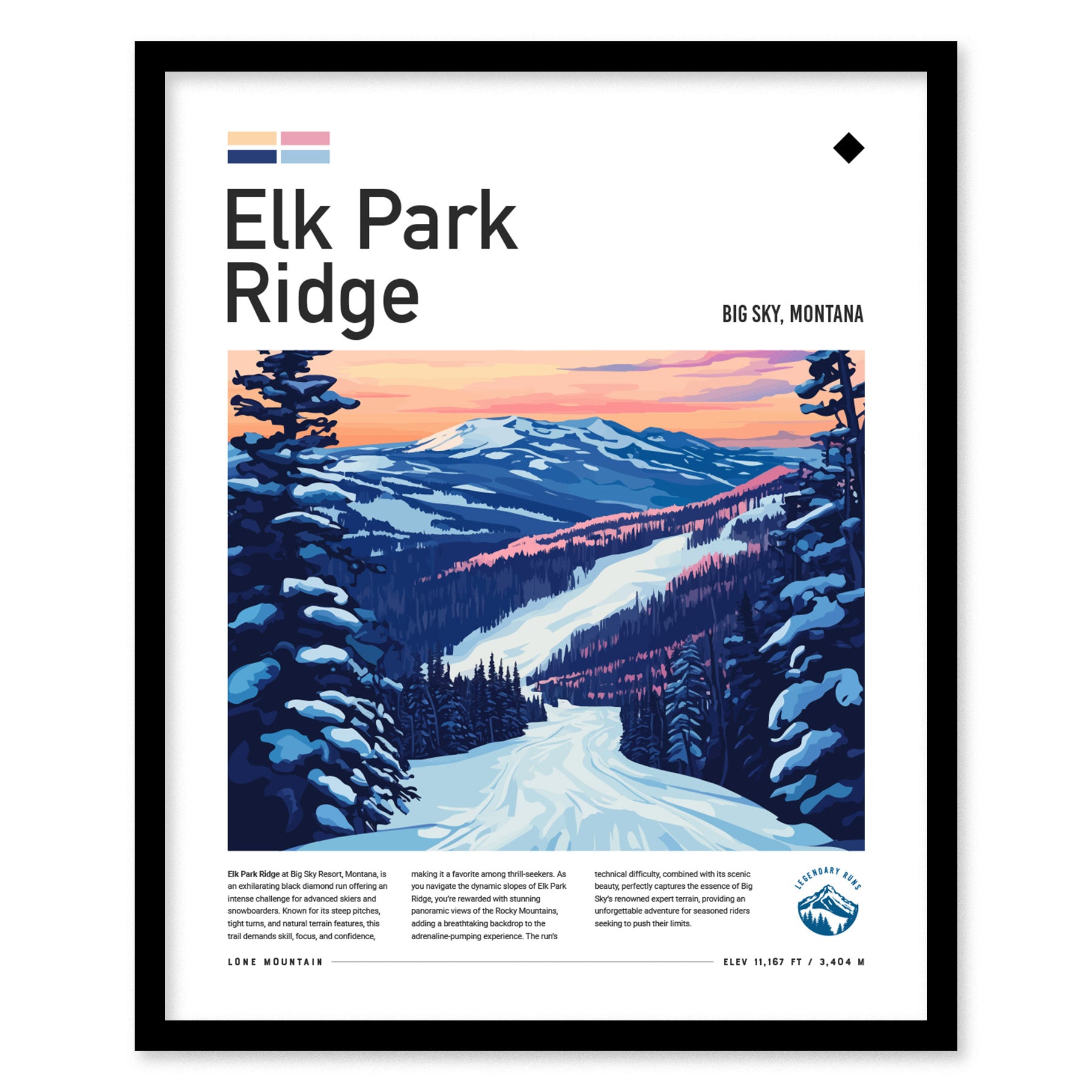 Framed poster of Elk Park Ridge at Big Sky, Montana, featuring a snow-covered ski trail winding through pine trees with a mountain range and colorful sunset in the background.
