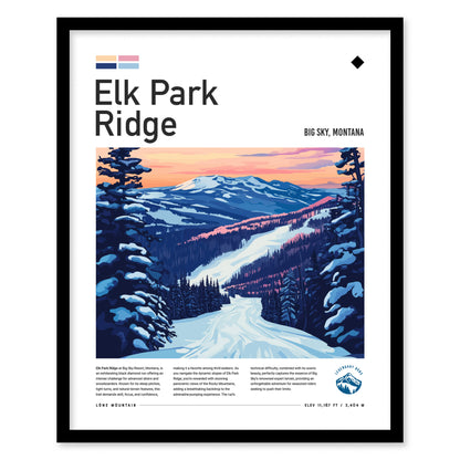 Framed poster of Elk Park Ridge at Big Sky, Montana, featuring a snow-covered ski trail winding through pine trees with a mountain range and colorful sunset in the background.