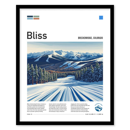 Framed poster titled Bliss depicts a snow-covered ski run at Breckenridge, Colorado, with snow-dusted evergreens and majestic Rocky Mountains in the background. Text details the serene skiing experience.