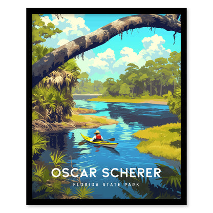 A colorful illustration shows a person kayaking on a serene blue river surrounded by lush greenery and a clear sky, titled Oscar Scherer Florida State Park.