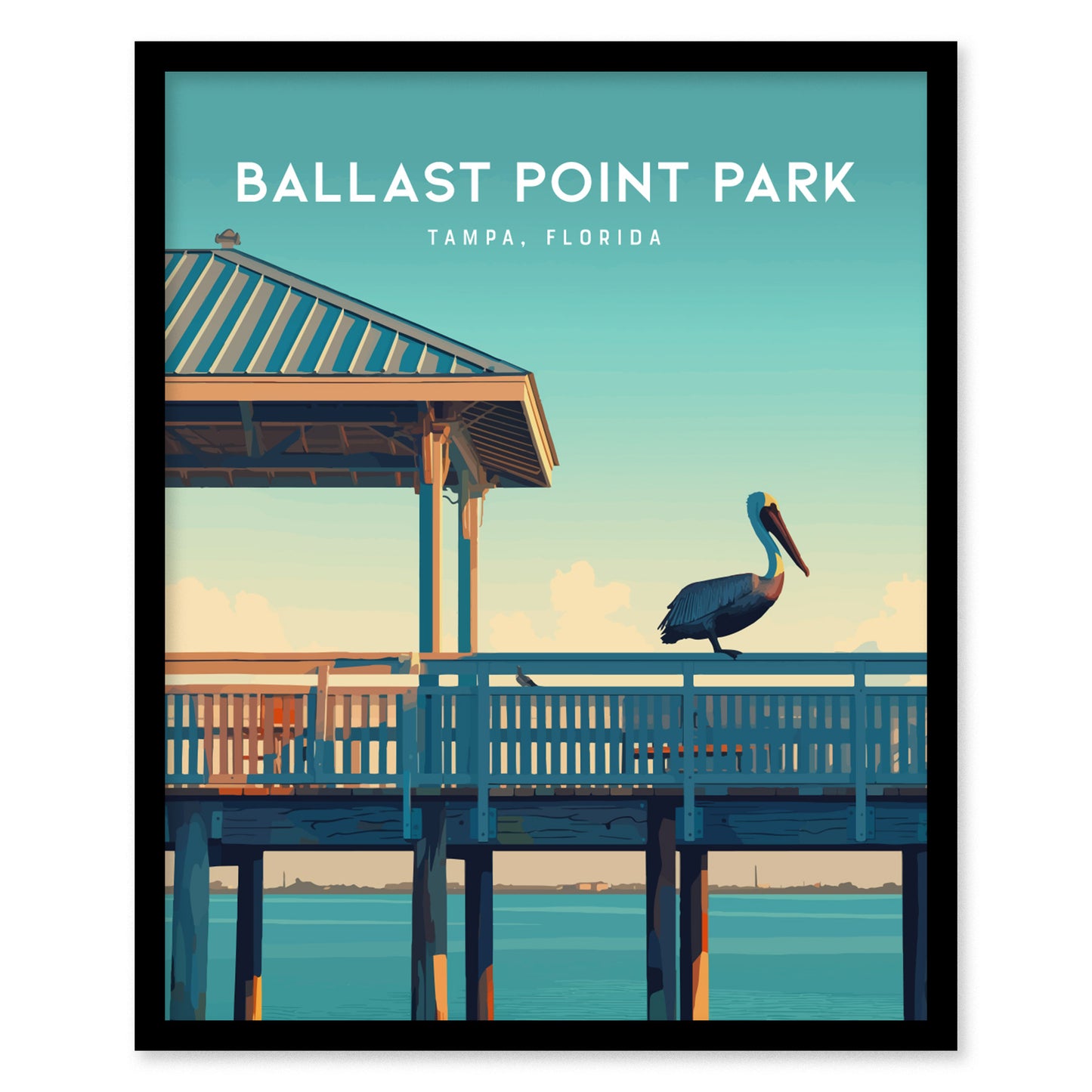 Framed artwork depicting a pelican perched on a wooden pier at Ballast Point Park, Tampa, Florida. The scene features a shaded structure and a serene water backdrop.