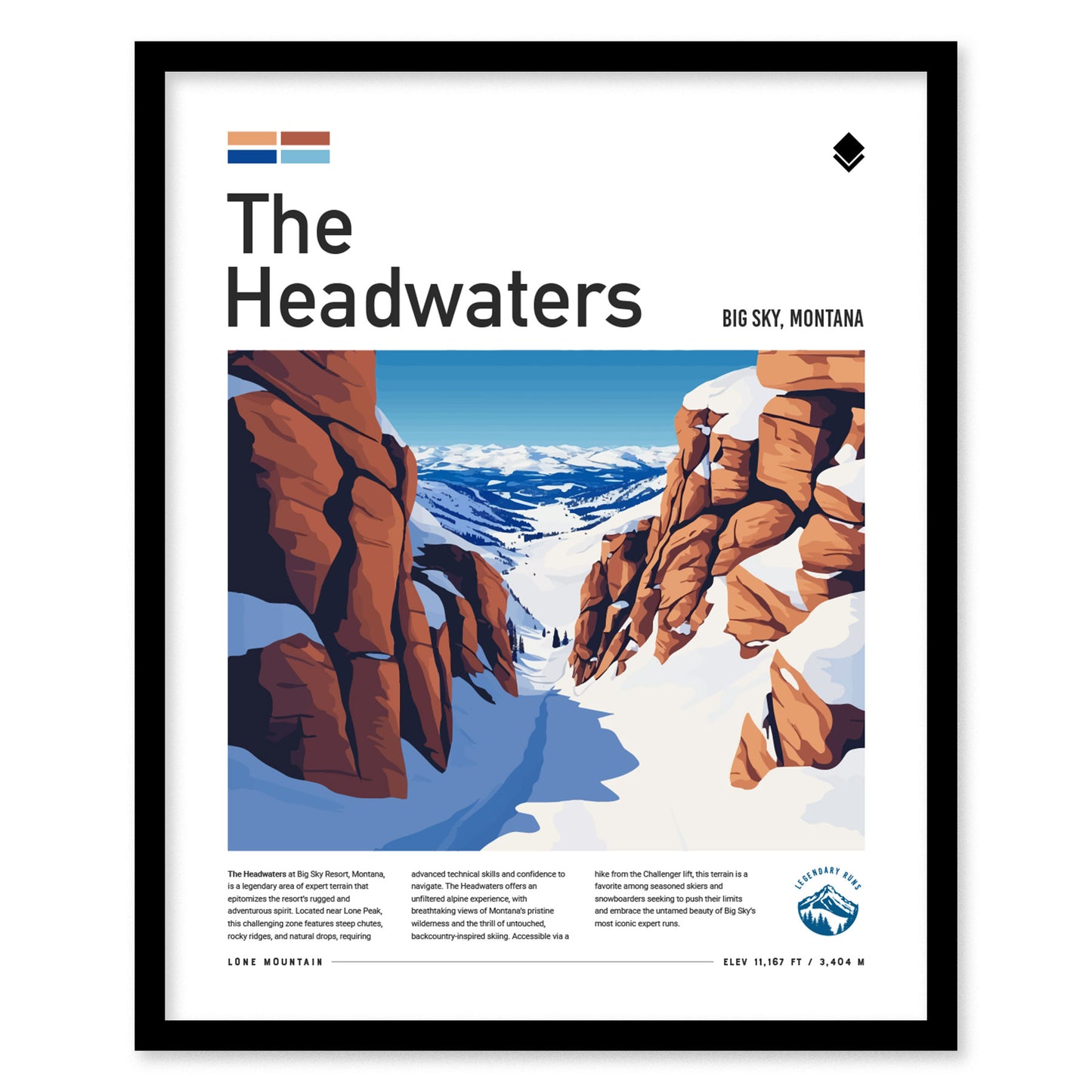 Framed poster titled The Headwaters shows a stylized illustration of a snowy mountain pass flanked by rocky cliffs, with text detailing Big Sky, Montana. Sky is clear and blue.