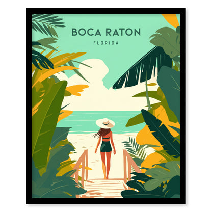A vibrant illustration shows a woman in a hat walking toward a tropical beach, framed by lush palm leaves, with Boca Raton Florida written above.