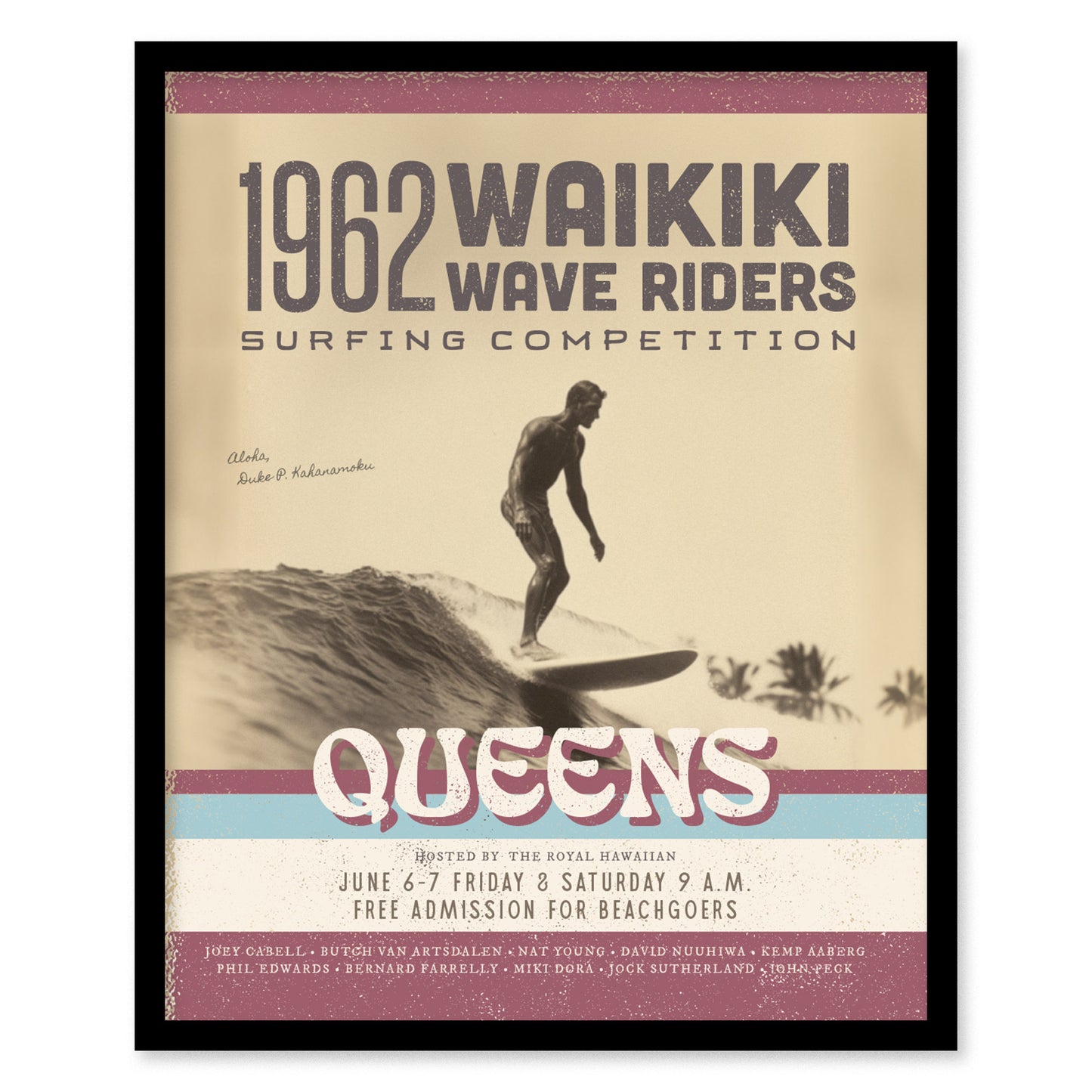 1962 Waikiki Wave Riders Vintage Surf Poster | Longboard Classic Surfing Competition Art | Retro Hawaii Oahu Framed Print Surfer Decor Gift